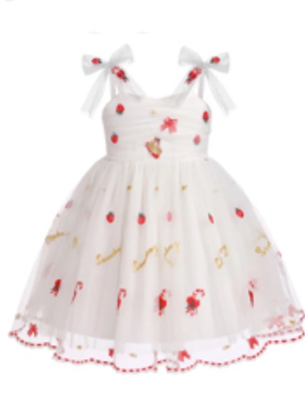 Girls White Strawberry Tulle Party Dress with Bows